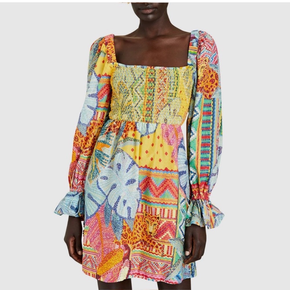 Farm Rio Summer Tapestry Dress Smocked Mini Dress
